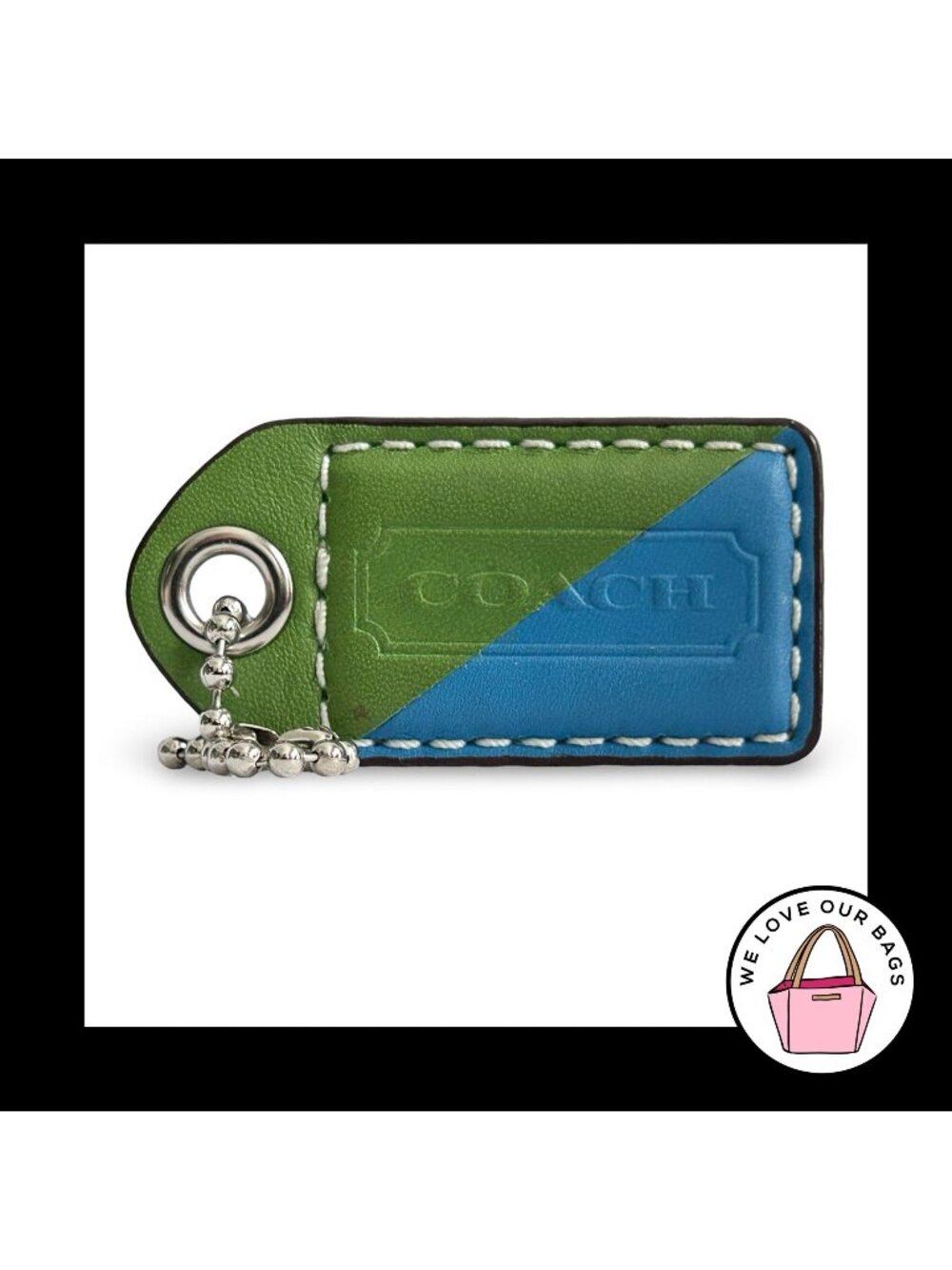 COACH Y2K VINTAGE Hang Tag 2.5" Green Blue Stripe Leather Bag Charm Keychain Fob
